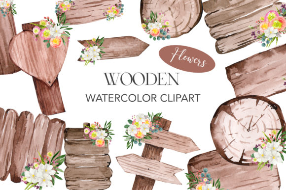 Watercolor Wooden Wedding Clipart PNG: 12 Designs for Your Projects